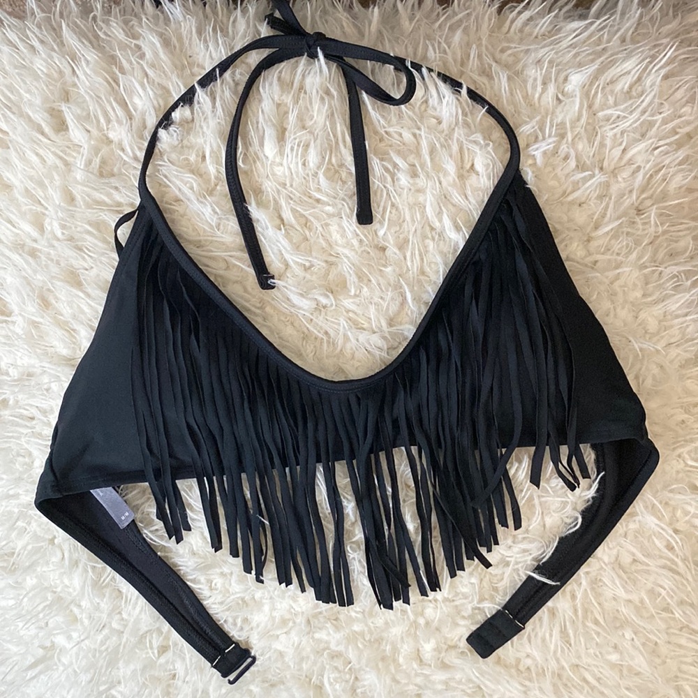 Aerie Swim Black Fringe Scoop Neck Bikini Top - Size M